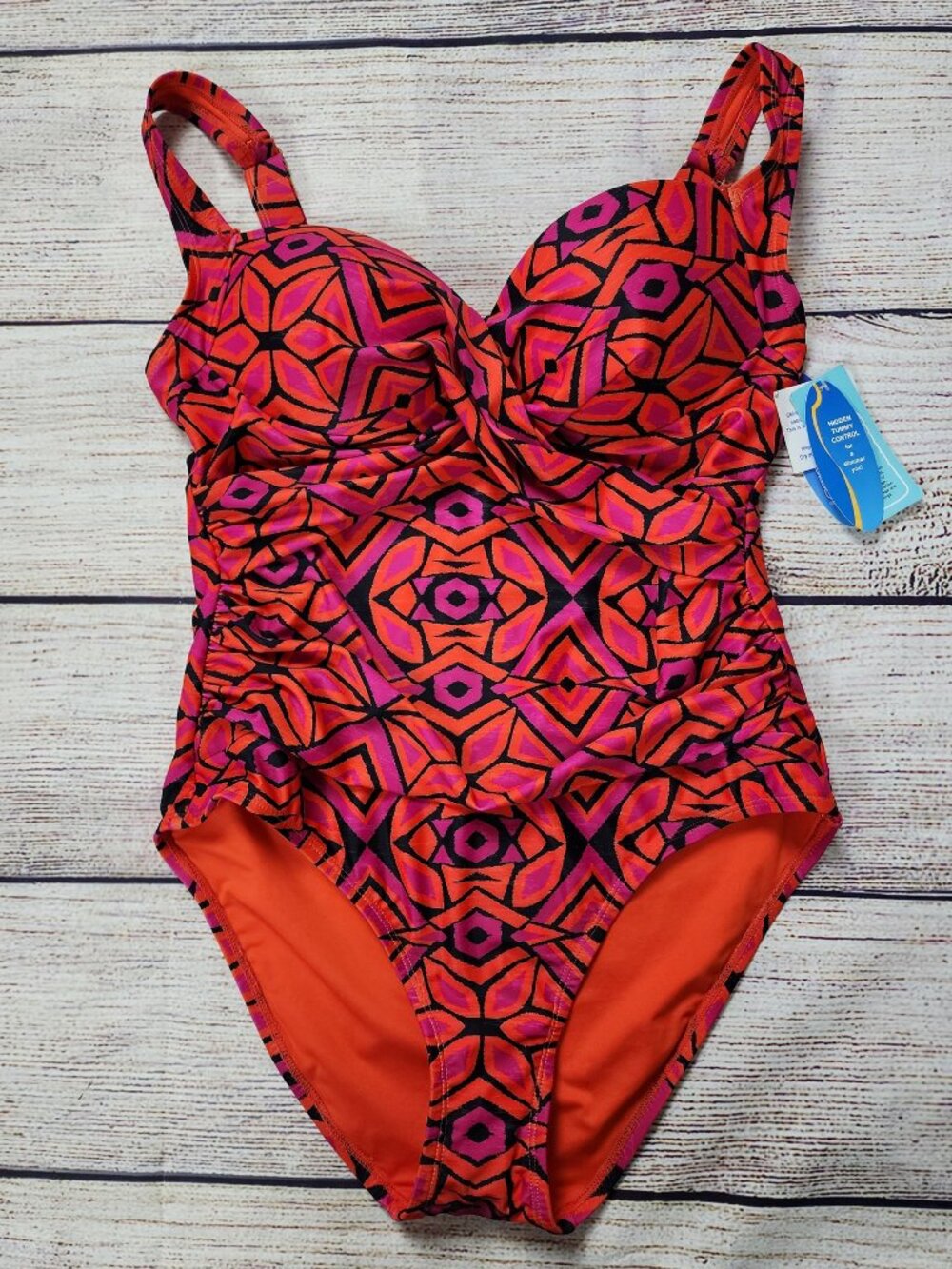 Wave Zone Women’s One Piece Swim Suit XL Geometric Orange Pink Tribal Retro Neon